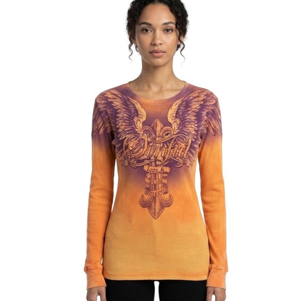 Sinful Affliction Thermal Graphic Shirt Womens Medium Orange Y2K Cyber Grunge